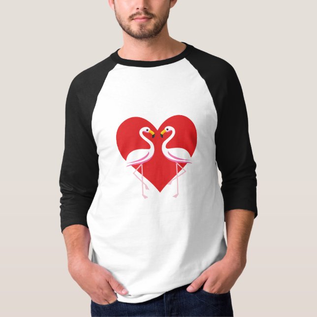 T-shirt Flamants roses blancs mignons rose avec coeur roug (Devant)