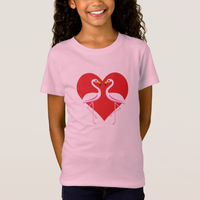 T-Shirt Flamants roses blancs mignons rose avec coeur roug (Devant)