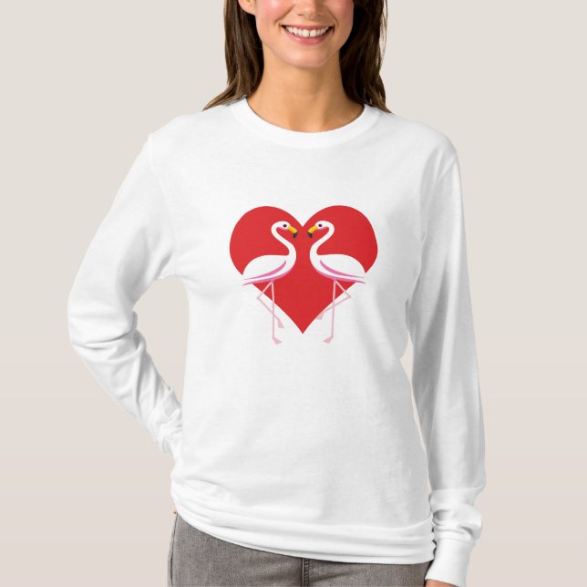 T-shirt Flamants roses blancs mignons rose avec coeur roug (Devant)