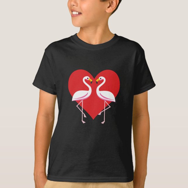 T-shirt Flamants roses blancs mignons rose avec coeur roug (Devant)