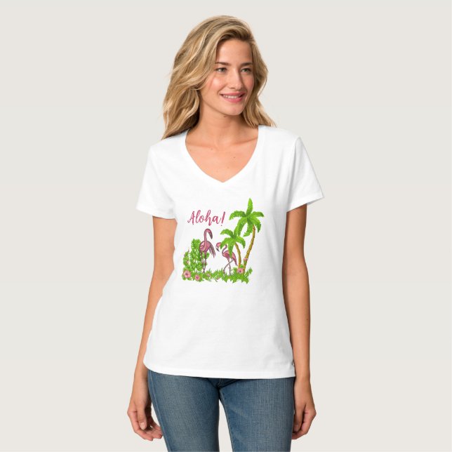 T-shirt Flamants roses et fleurs tropicales (Devant entier)