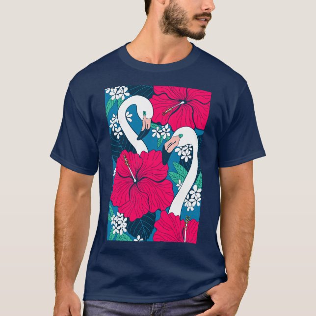 T-shirt Flamants roses, hibiskus et feuilles tropicaux (Devant)