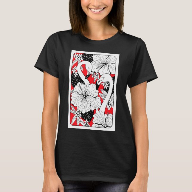 T-shirt Flamants roses, hibiskus et feuilles tropicaux (Devant)