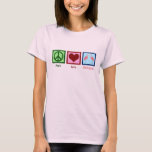 T-shirt Flamants roses roses<br><div class="desc">Flamants roses Peace Love. Un signe de paix,  un coeur et de mignons oiseaux roses. J'adore collectionner des trucs de flamingo.</div>