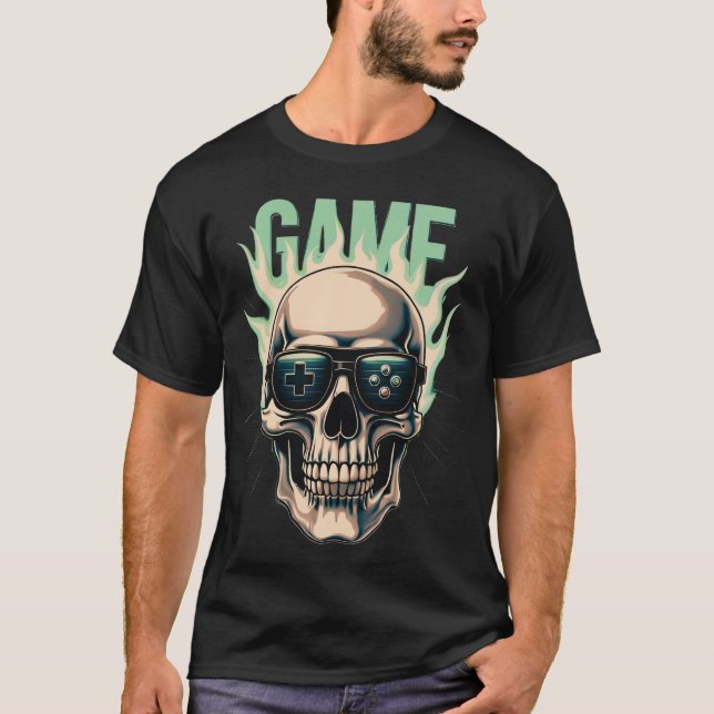 T-shirt Flaming Gamer Skull – Retro Gaming Power Design (Devant)