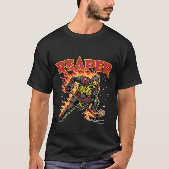 T-shirt Flaming Reaper Skeleton Hockey Player Dark Sports  (Devant)