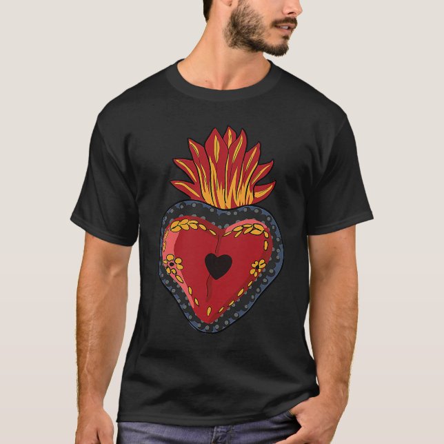 T-shirt Flaming Sacred Heart Mexican Folk Corazon (Devant)