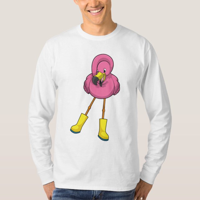 T-shirt Flamingo at Raining with Rubber boots (Devant)