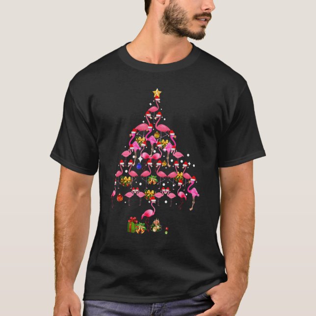 T-shirt Flamingo Christmas Tree Santa Hat Xmas Light Merry (Devant)