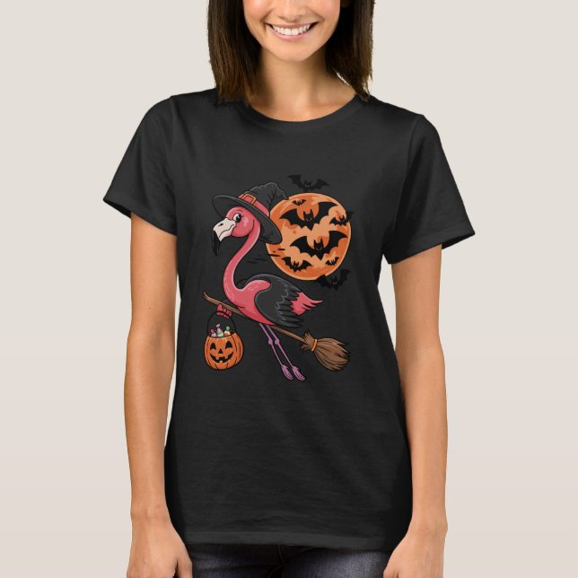 T-shirt Flamingo Halloween Witch Hat Jack-o-Lantern Candy  (Devant)