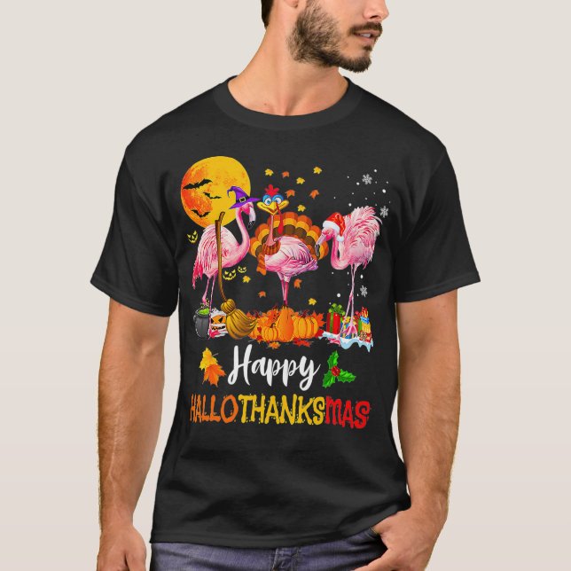 T-shirt Flamingo Happy HalloThanksMas Halloween Thanksgivi (Devant)