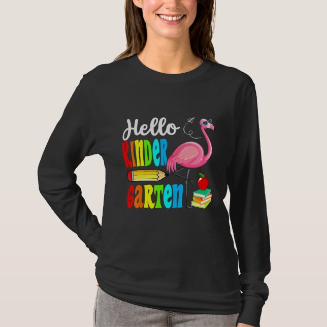 T-shirt Flamingo Hello Kindergarten Happy First Day Of Sch (Devant)
