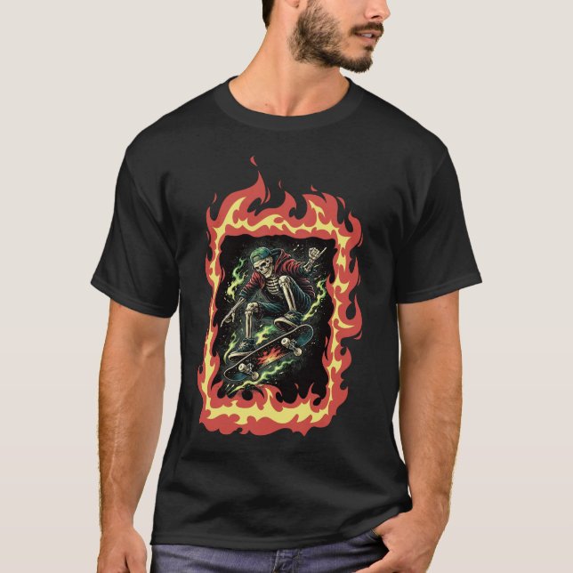 T-shirt Flammen Skelett Skateboard (Devant)