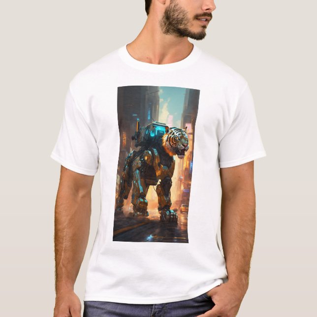 T-shirt flash survolant un tigre robotisé portant une tête (Devant)