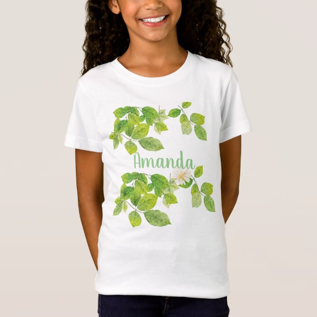 T-Shirt Fleur blanche et jardin Feuille vert (Devant)