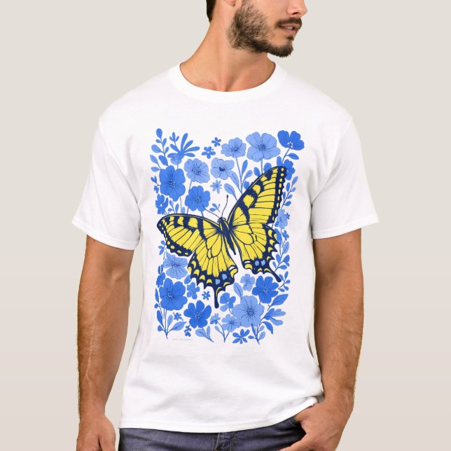 T-shirt fleur bleue swallowtail jaune (Devant)