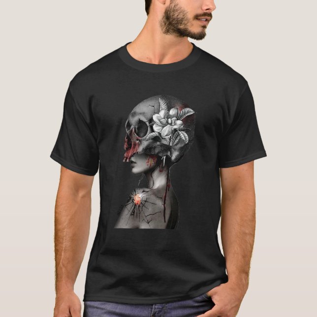 T-shirt fleur crâne horreur goth rock croquis (Devant)