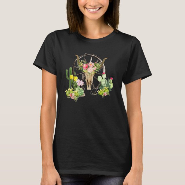 T-shirt Fleur de cactus à crâne taureau de Boho Ouest (Devant)
