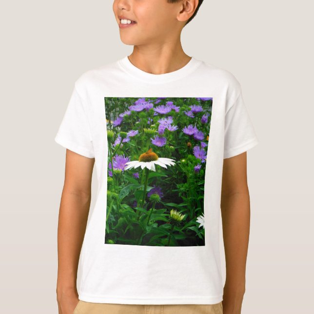 T-shirt Fleur de cône blanc, fleurs pourpres et papillon (Devant)