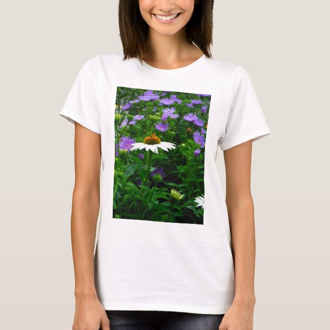 T-shirt Fleur de cône blanc, fleurs pourpres et papillon (Devant)