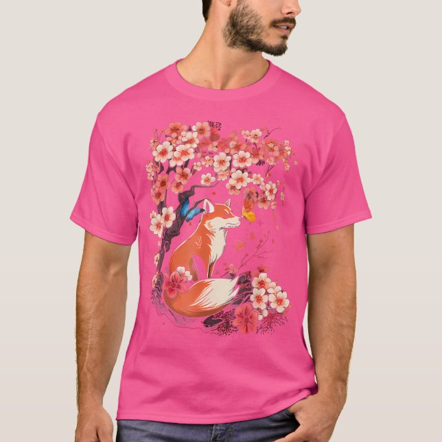 T-shirt Fleur de fleurs de cerisier Sakura Kawaii Renard j (Devant)