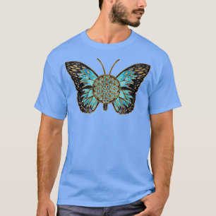 T-shirt Fleur de la vie Papillon bleu pierre et or 1