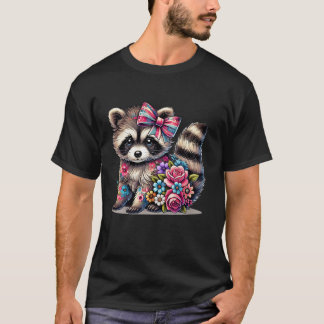 T-shirt Fleur de Raccoon mignonne Graphisme Tee Coquette B