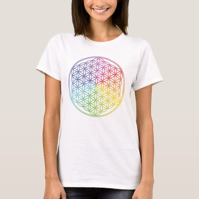 T-shirt "Fleur de vie" géométrique - couleurs arc-en-ciel  (Devant)
