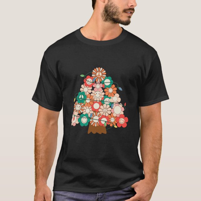 T-shirt Fleur de visage Retro Noël Arbre sourire Lumière (Devant)