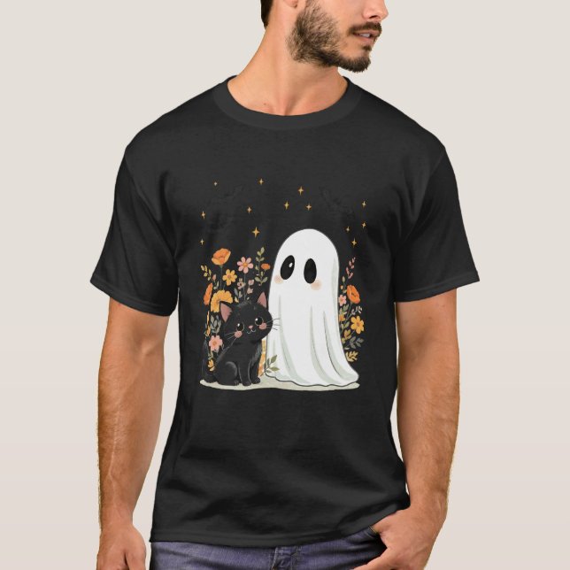 T-shirt Fleur d'Halloween Fantôme Chat Noir Saison Spooky  (Devant)