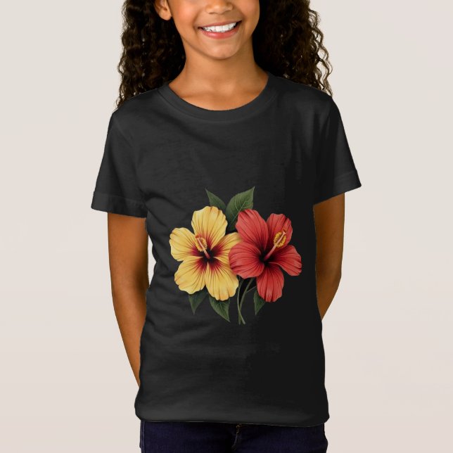 T-Shirt fleur d'hibiscus rouge et jaune fleurs d'hibiscus (Devant)