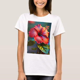 T-shirt Fleur d'Hibiscus Rouge Vibrant avec Feuilles-45328