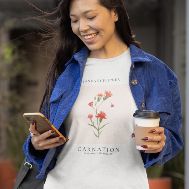 T-shirt Fleur du mois de naissance de janvier (January Birth Month Flower T-shirt. Carnation Flower T-shirt.)