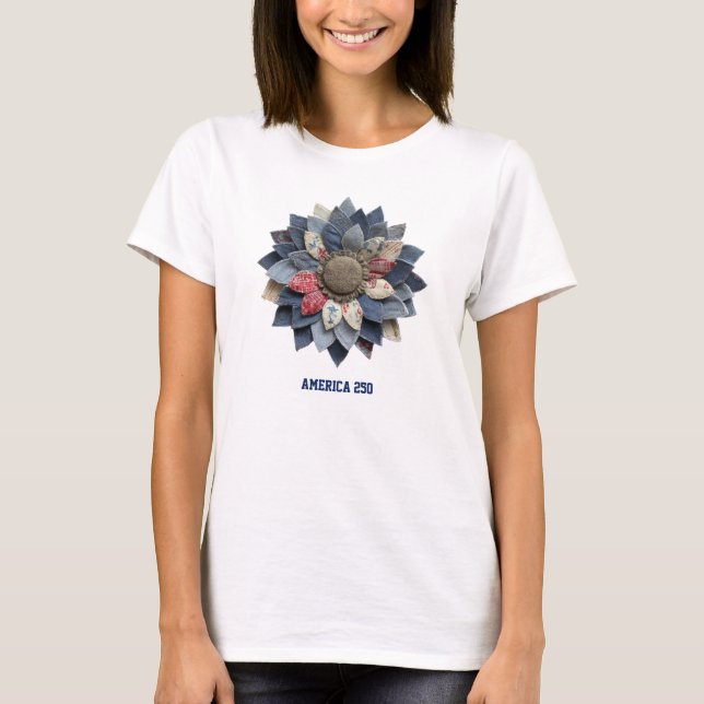T-shirt Fleur en patchwork grandmillennial rouge blanc ble (Devant)