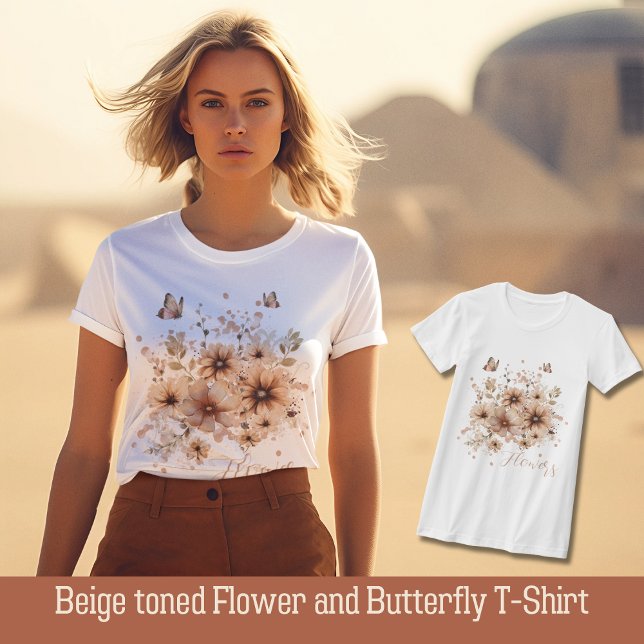 T-shirt Fleur et Papillon beige (Créateur téléchargé)