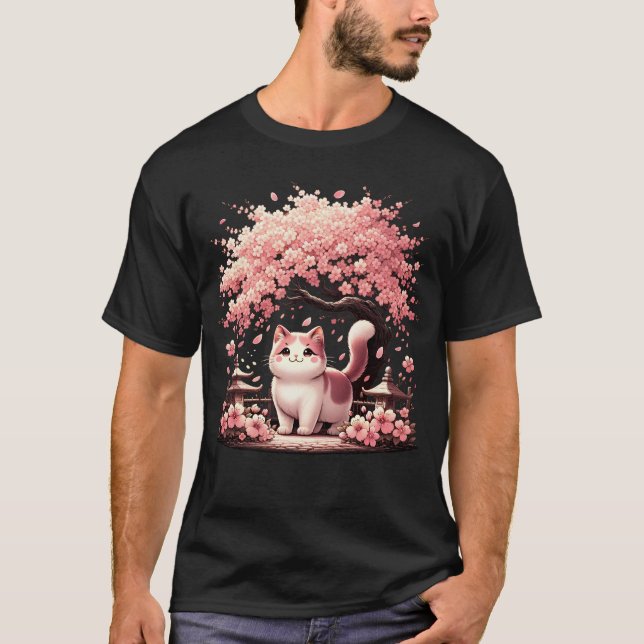 T-shirt Fleur japonaise Kawaii Cat Neko Cherry Fleur (Devant)