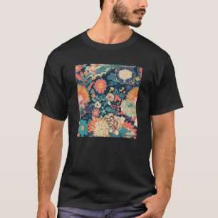 T-shirt Fleur Japonaise Rétro Abstrait Floral Bois Gravure