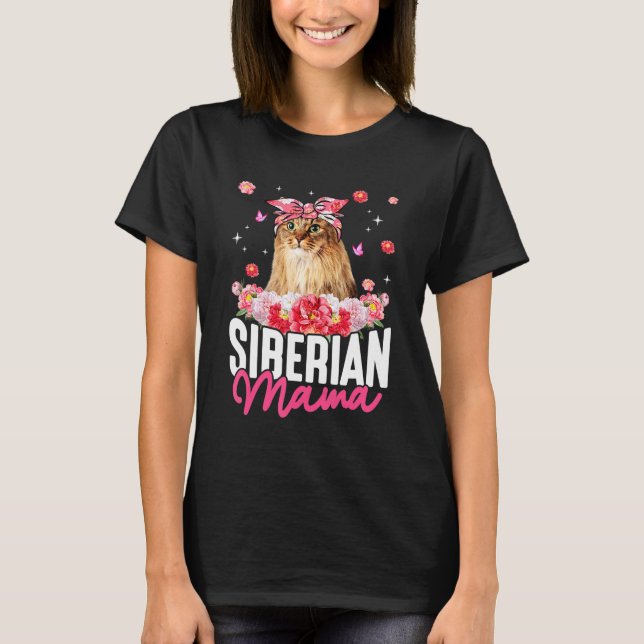 T-shirt Fleur Mama Sibérienne Bandana Chat Mère D (Devant)