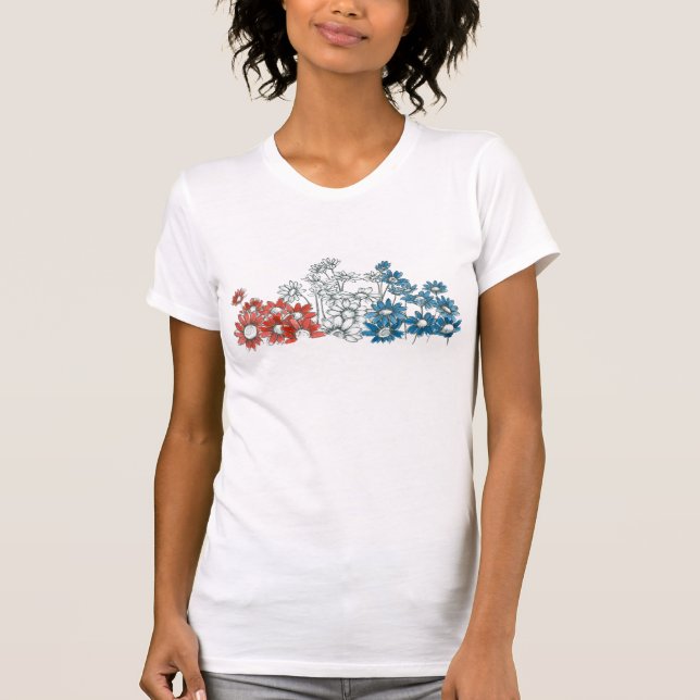 T-shirt Fleur marguerite Patriotique 4 juillet Rouge Blanc (Devant)