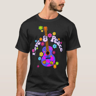 T-shirt Fleur Rétro Puissance Guitare Amour Et Paix 2 Fan 