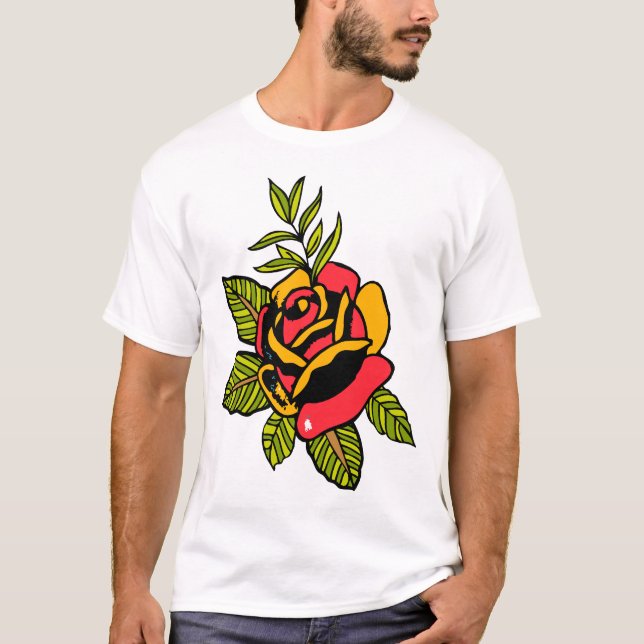 T-shirt fleur rose feuille style tattoo 2909 (Devant)