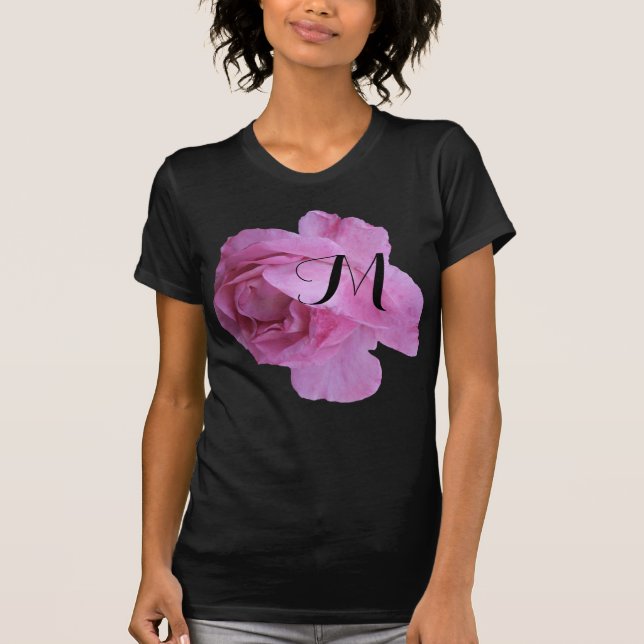 T-shirt Fleur rose rose tendance noir M monogramme personn (Devant)