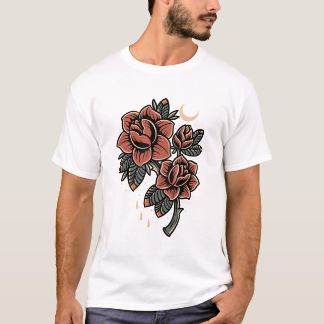 T-shirt Fleur roses rouges vieux style tatouage design (Devant)
