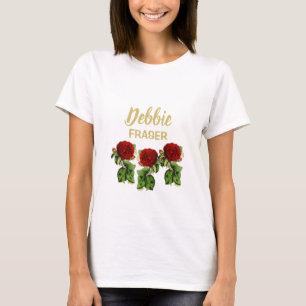 T-shirt Fleur rouge et feuilles verts nom personnalisé