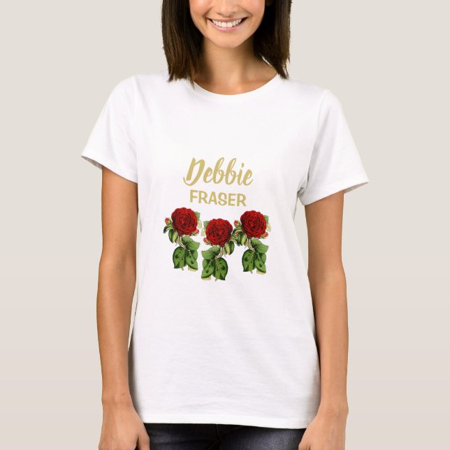 T-shirt Fleur rouge et feuilles verts nom personnalisé (Devant)