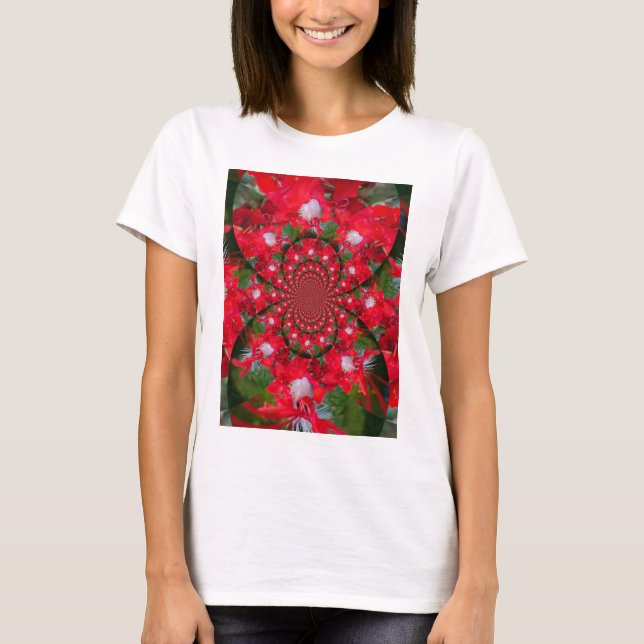 T-shirt Fleur Rouge Naturelle Blanc Plumes kaléidoscope ar (Devant)