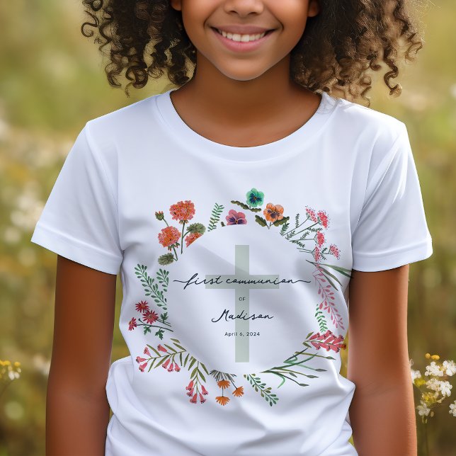 T-Shirt Fleur sauvage coloré Première sainte communion (Colorful Wildflower First Holy Communion T-Shirt)