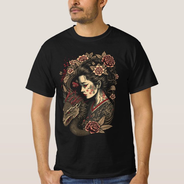 T-shirt Fleur silencieuse - Geisha & Dragon en Harmonie (Devant)