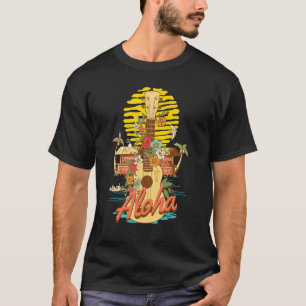 T-shirt Fleur Ukulele Aloha Hawaii Coucher de soleil Vinta