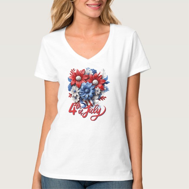 T-shirt Fleurs 4 juillet en bleu blanc et bleu patriotique (Devant)